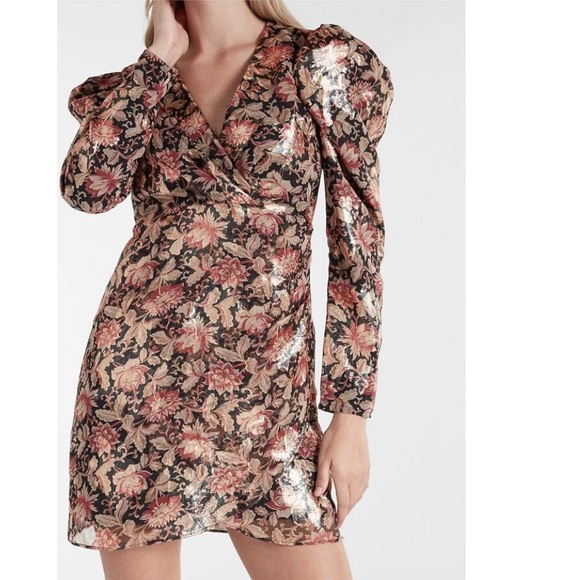 NWT Express Metallic Puff Sleeve Floral Deep V Dress Size Small - Picture 2 of 10